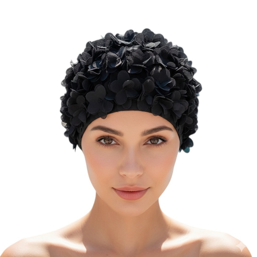 Floral Swim Cap Black 3D Flower Retro Glam Music Video Style